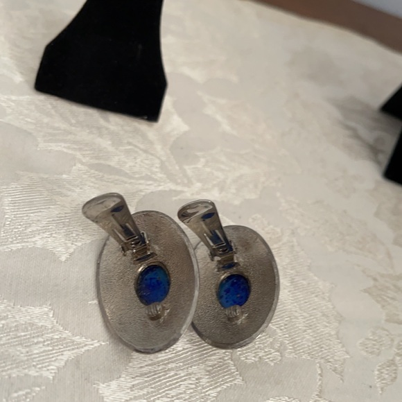 Silver and Royal Blue Clip Earrings - Picture 3 of 7